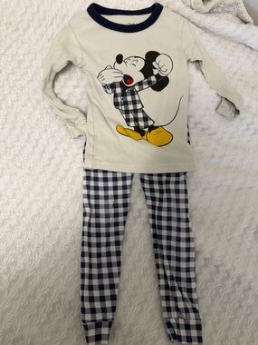 #152 Disney Mickey Mouse Cream and Navy Plaid Kids Pajama Set